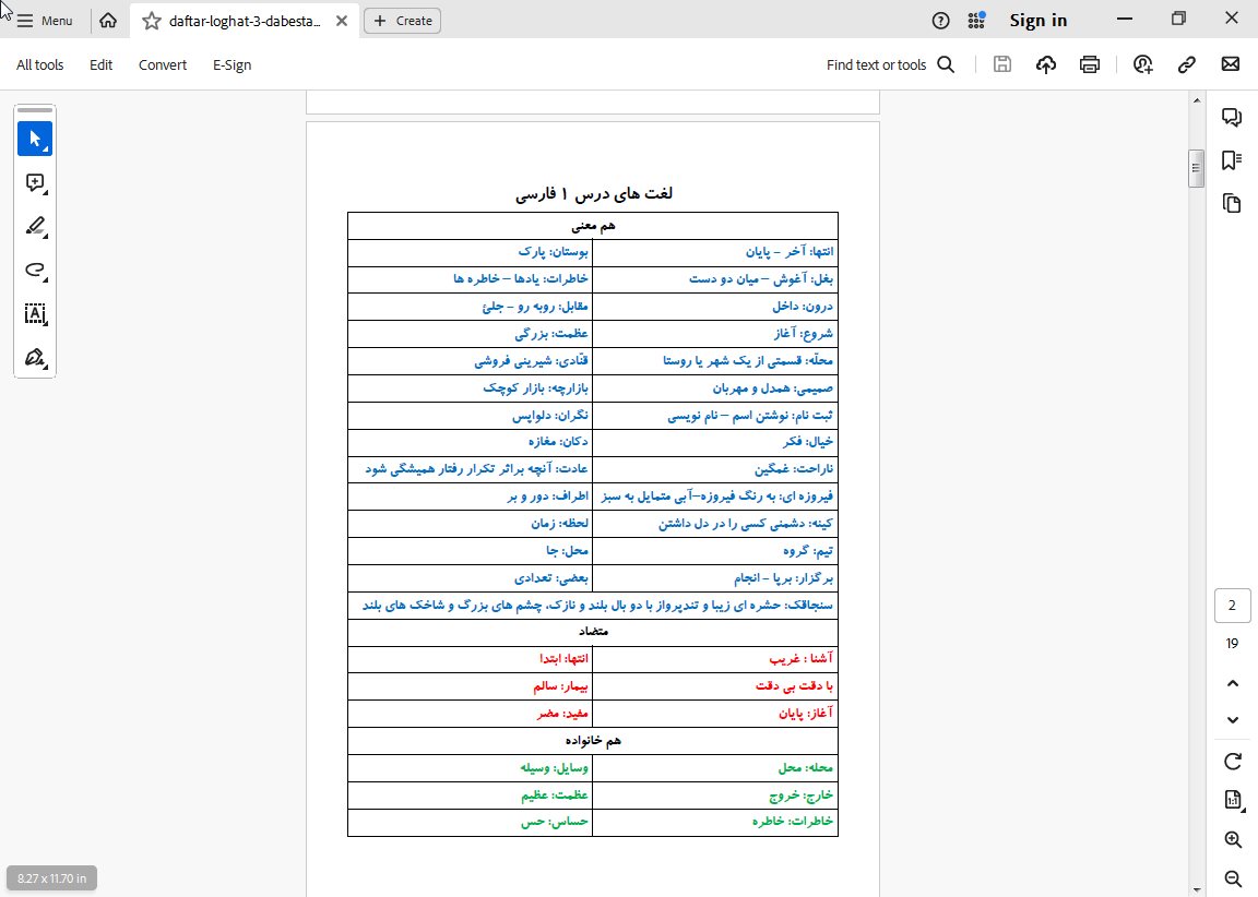 دفتر لغات هم معنی ، متضاد ، هم خانواده فارسی سوم دبستان pdf