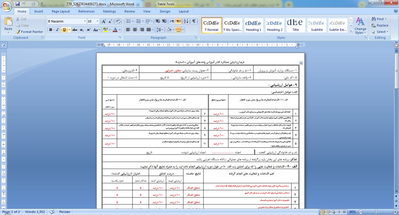 فرم ارزشيابی عملكرد كادر آموزشی واحدهای آموزشی – فایل ورد docx